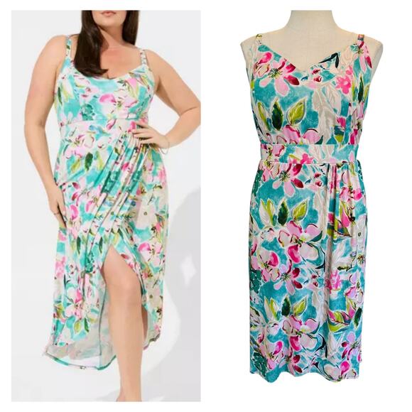 Torrid 3 (3X 22/24) Tropical Floral Midi‎ Studio Knit V-Neck Wrap Tank Dress New - Picture 1 of 3